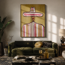 Small Crown Crosses Olive - pastel sombrero figure painting by Elliot Vale, modern figurative vertical wall art - styled room scene view 3