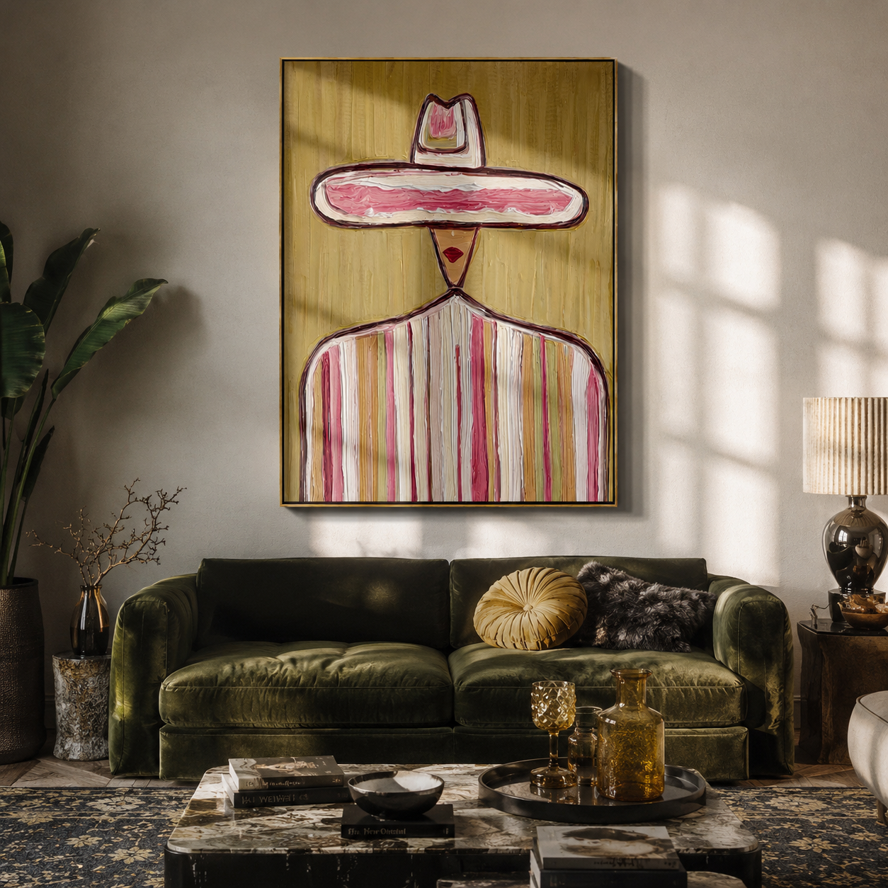 Small Crown Crosses Olive - pastel sombrero figure painting by Elliot Vale, modern figurative vertical wall art - styled room scene view 3