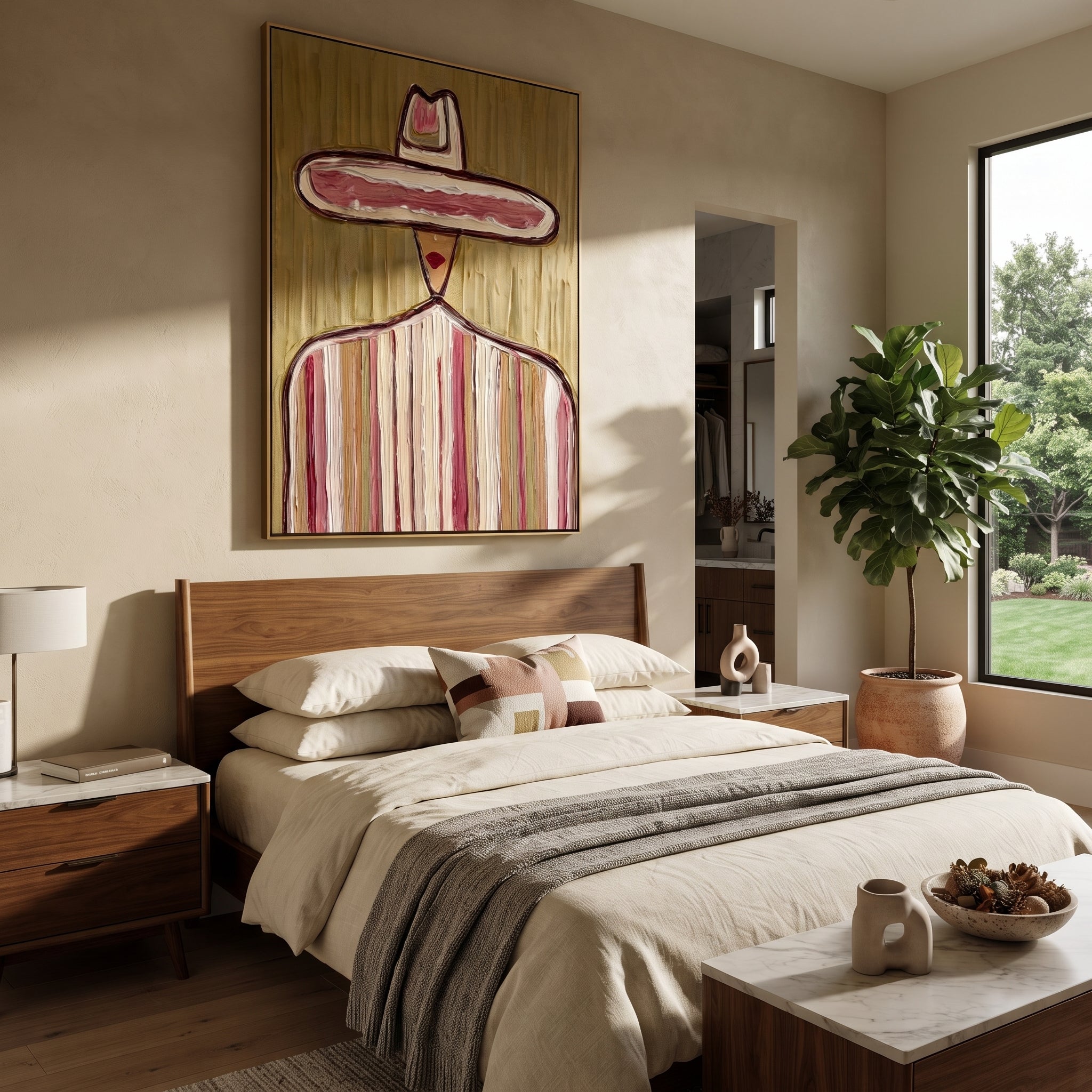 Small Crown Crosses Olive - pastel sombrero figure painting by Elliot Vale, modern figurative vertical wall art - styled room scene view 4