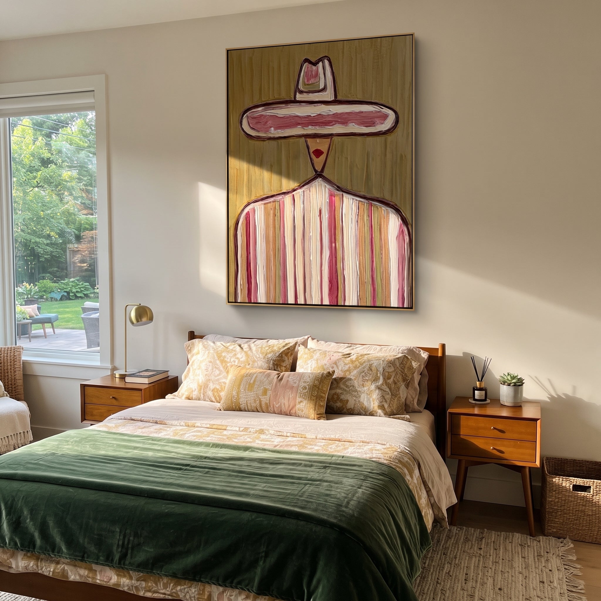 Small Crown Crosses Olive - pastel sombrero figure painting by Elliot Vale, modern figurative vertical wall art - styled room scene view 5