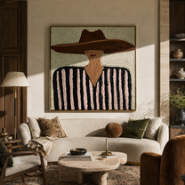 Brown Brim Meets Mint - black pink striped figure painting by Elliot Vale, modern figurative square wall art - styled room scene view 1