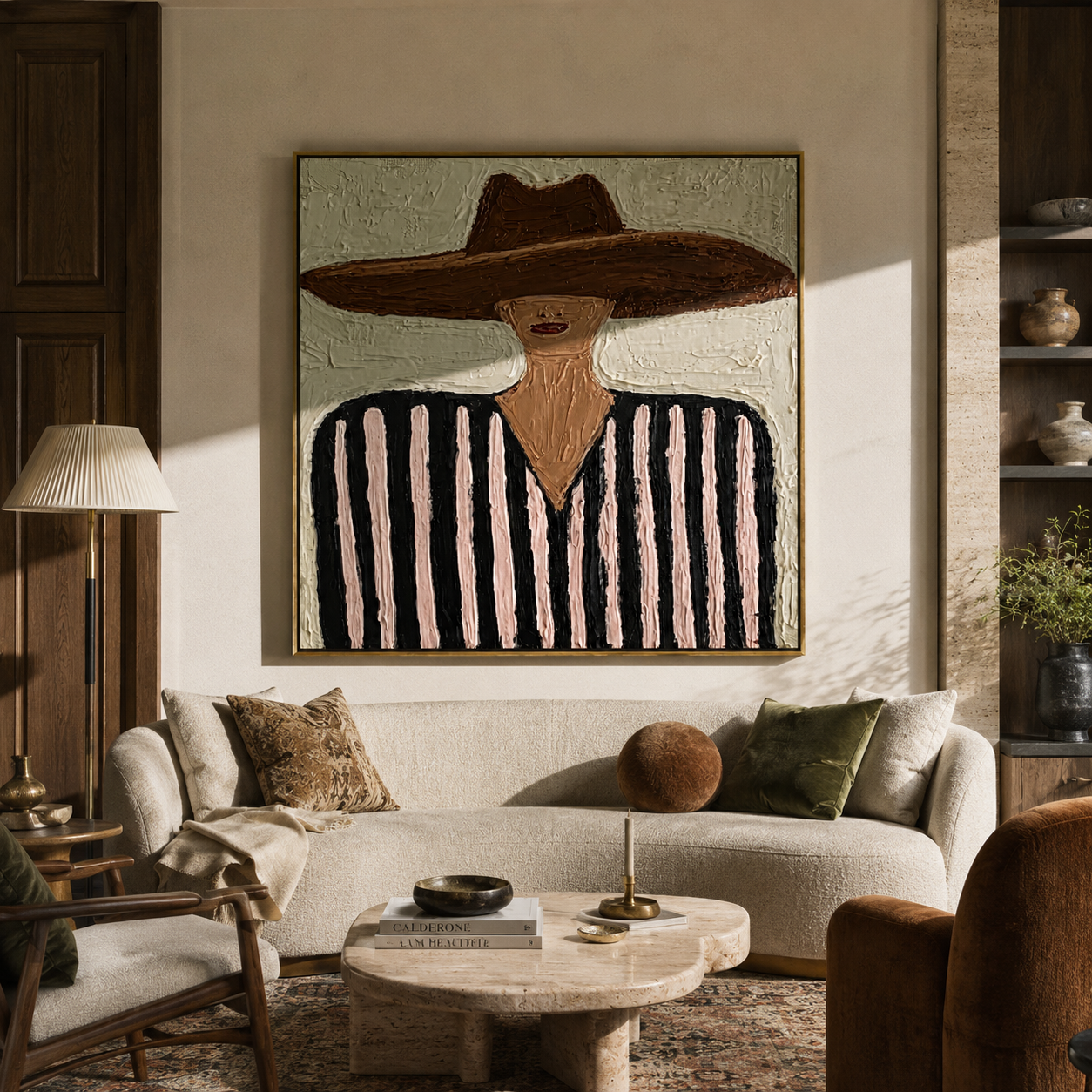 Brown Brim Meets Mint - black pink striped figure painting by Elliot Vale, modern figurative square wall art - styled room scene view 1