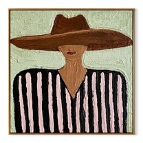 Brown Brim Meets Mint - black pink striped figure painting by Elliot Vale, modern figurative square wall art - framed artwork on white background