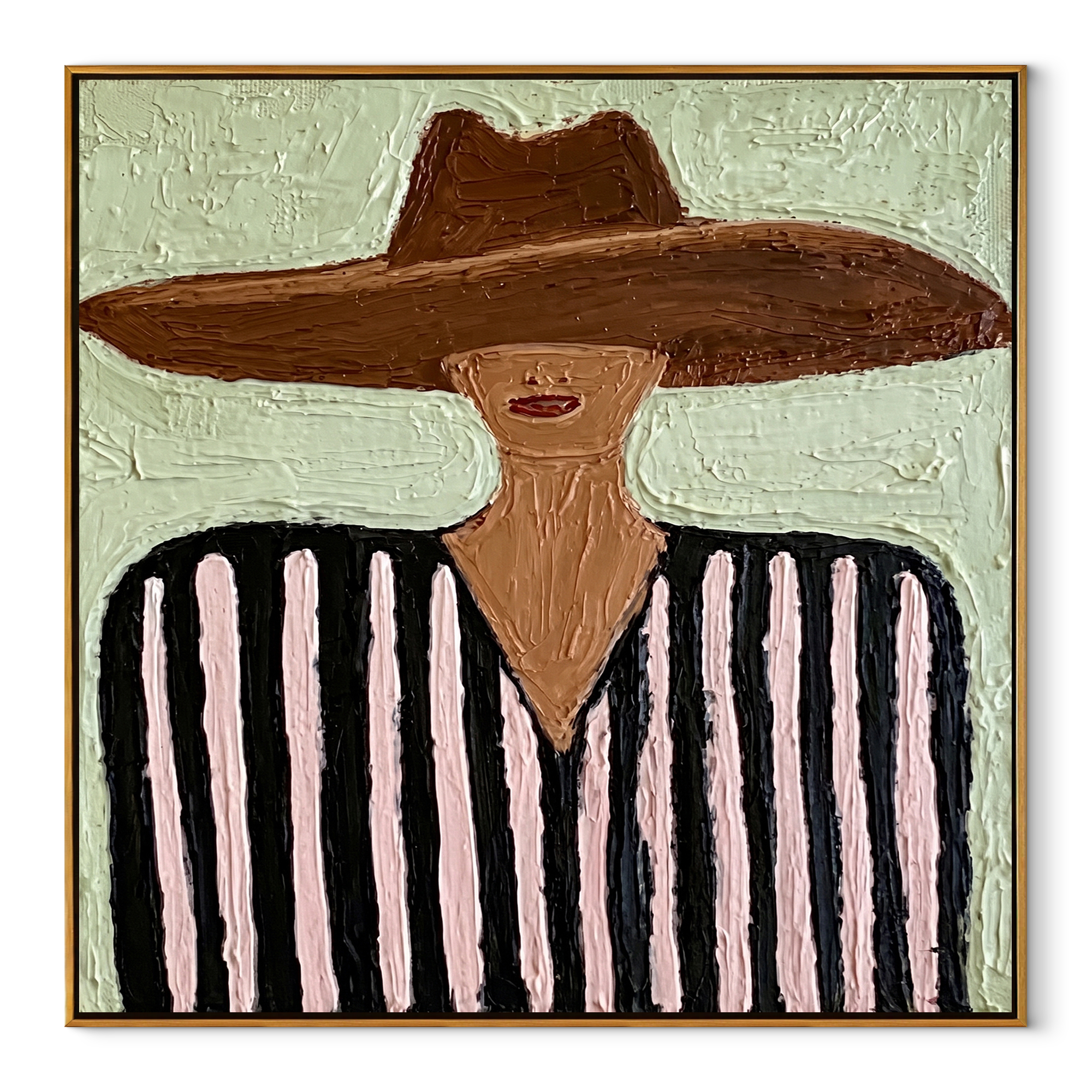 Brown Brim Meets Mint - black pink striped figure painting by Elliot Vale, modern figurative square wall art - framed artwork on white background