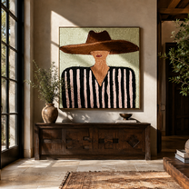 Brown Brim Meets Mint - black pink striped figure painting by Elliot Vale, modern figurative square wall art - styled room scene view 2