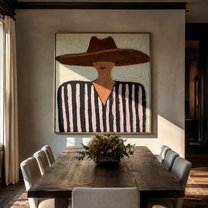 Brown Brim Meets Mint - black pink striped figure painting by Elliot Vale, modern figurative square wall art - styled room scene view 3