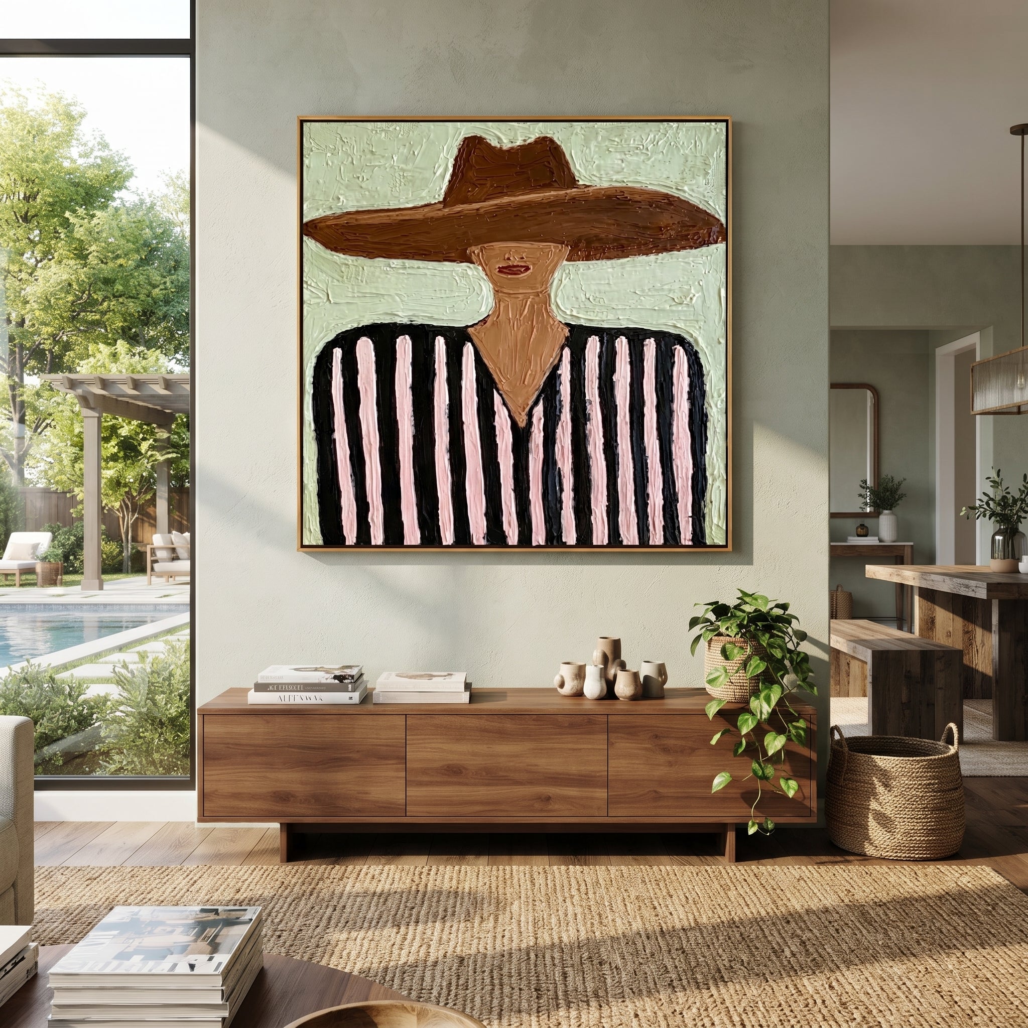 Brown Brim Meets Mint - black pink striped figure painting by Elliot Vale, modern figurative square wall art - styled room scene view 4