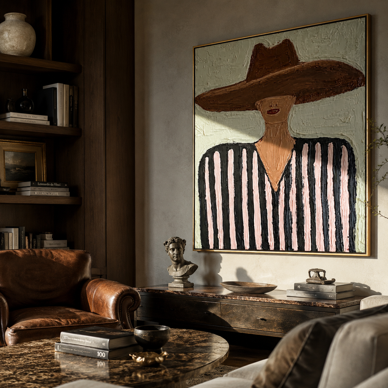 Brown Brim Meets Mint - black pink striped figure painting by Elliot Vale, modern figurative square wall art - styled room scene view 5