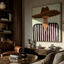 Brown Brim Meets Mint - black pink striped figure painting by Elliot Vale, modern figurative square wall art - styled room scene view 5
