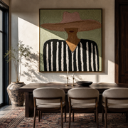 Blush Brim Crosses Black - black white striped figure painting by Elliot Vale, modern figurative square wall art - styled room scene view 1