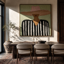 Blush Brim Crosses Black - black white striped figure painting by Elliot Vale, modern figurative square wall art - styled room scene view 1