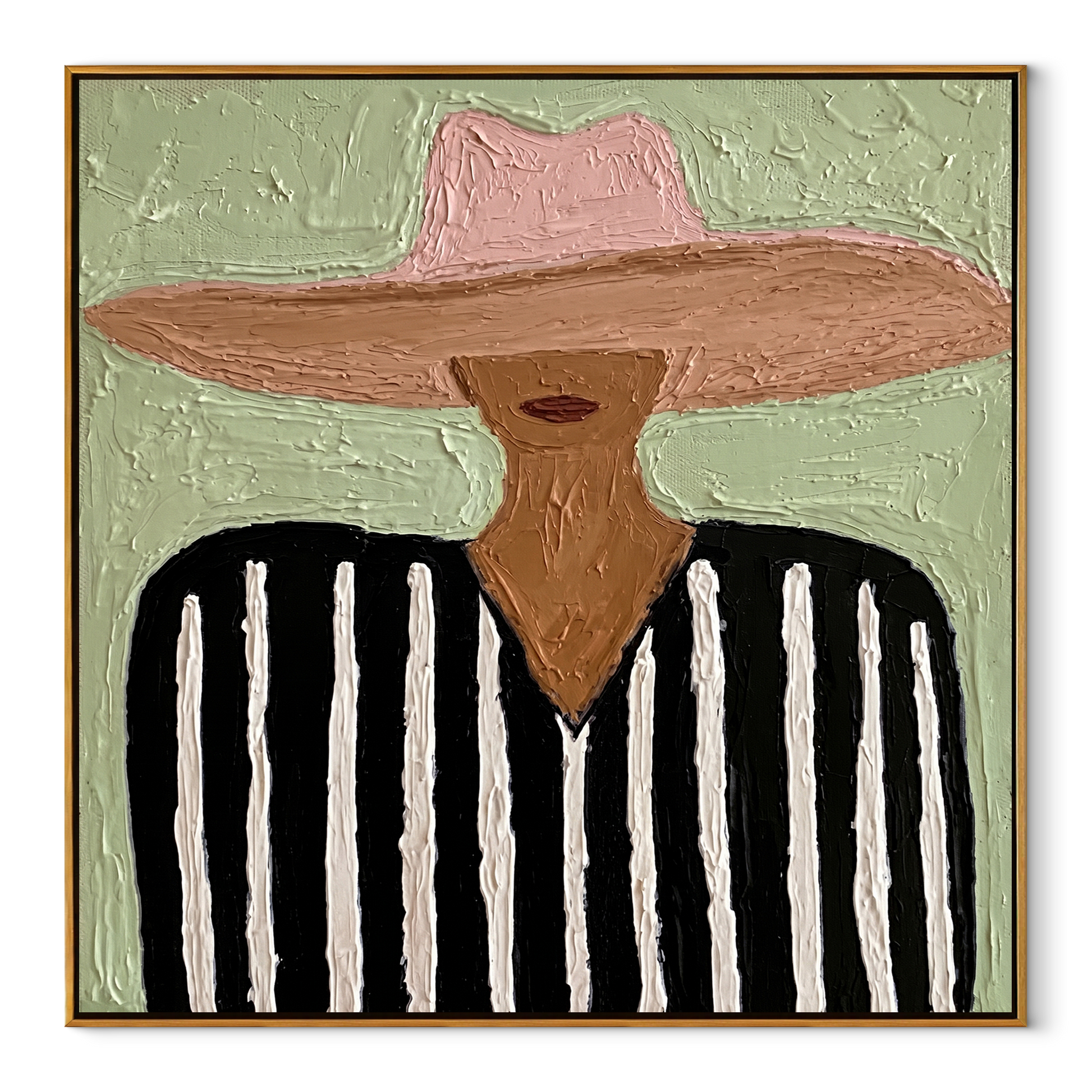 Blush Brim Crosses Black - black white striped figure painting by Elliot Vale, modern figurative square wall art - framed artwork on white background