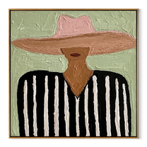 Blush Brim Crosses Black - black white striped figure painting by Elliot Vale, modern figurative square wall art - framed artwork on white background