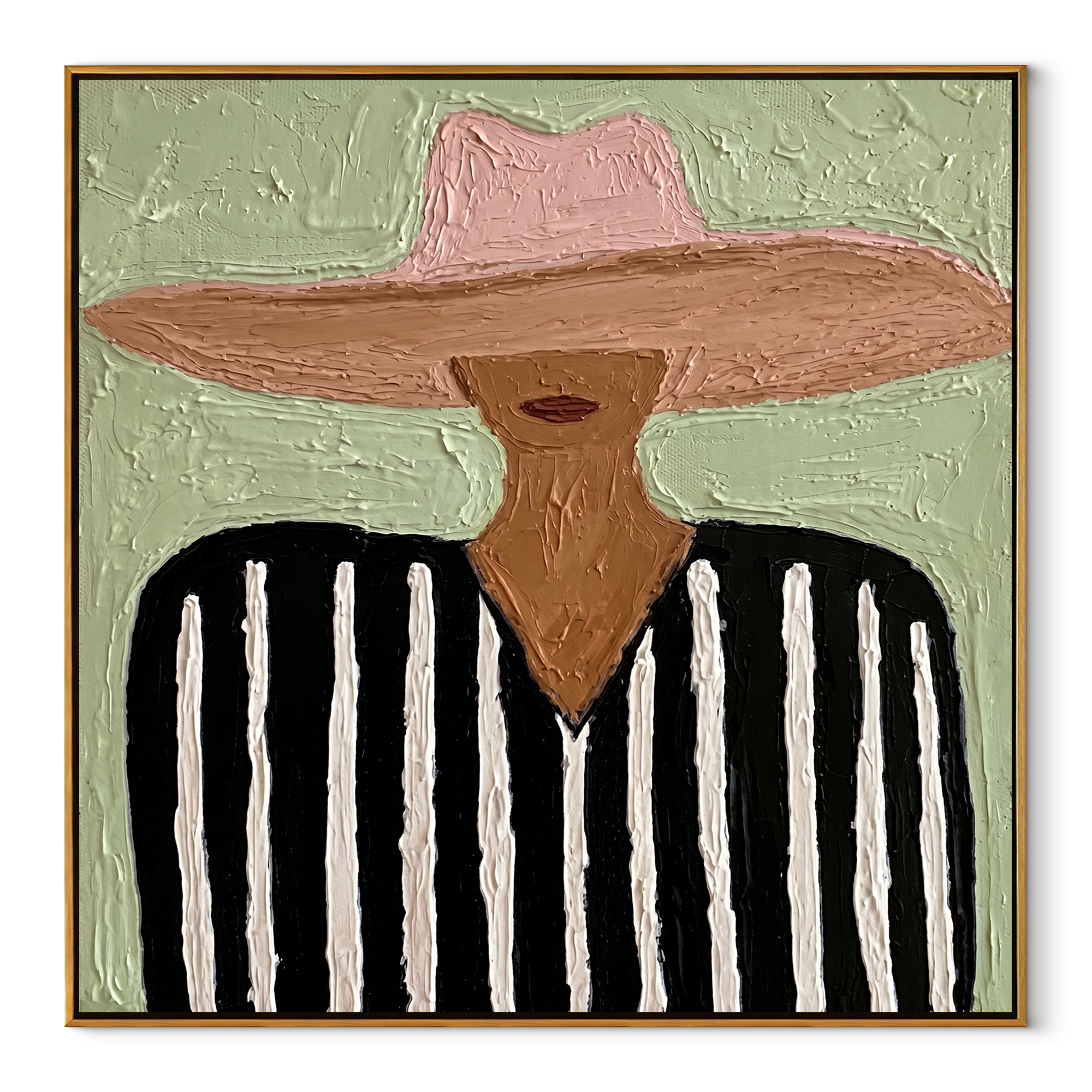 Blush Brim Crosses Black - black white striped figure painting by Elliot Vale, modern figurative square wall art - framed artwork on white background