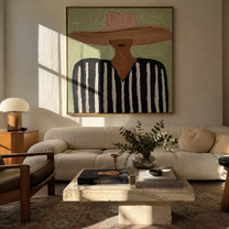 Blush Brim Crosses Black - black white striped figure painting by Elliot Vale, modern figurative square wall art - styled room scene view 2