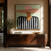 Blush Brim Crosses Black - black white striped figure painting by Elliot Vale, modern figurative square wall art - styled room scene view 3