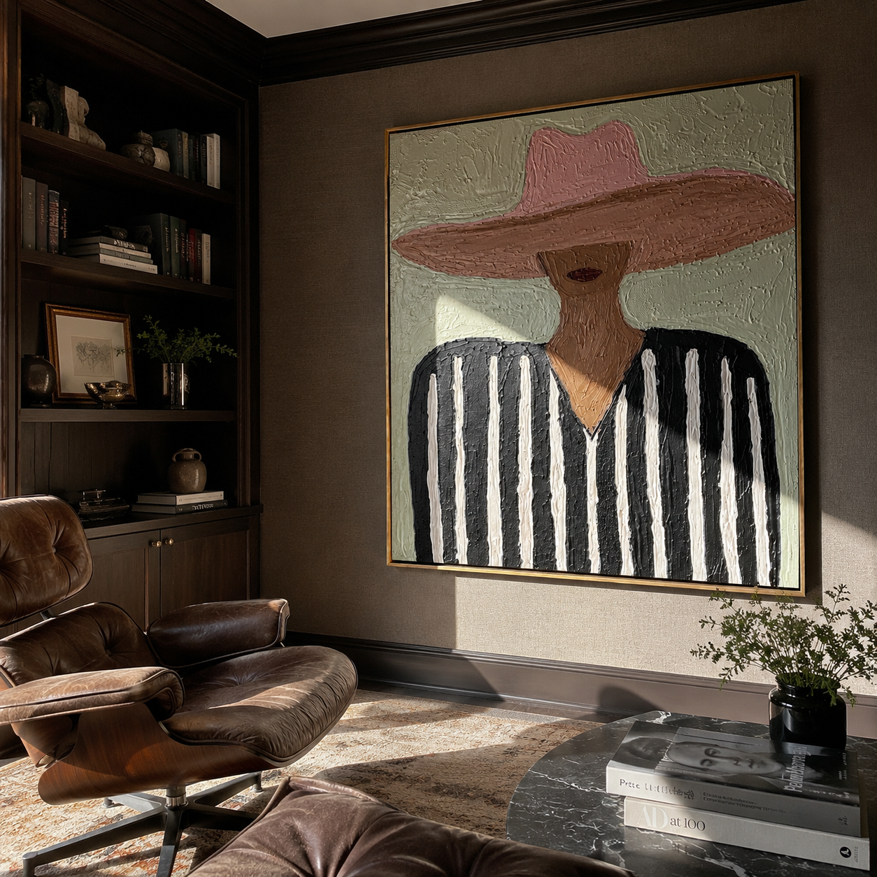 Blush Brim Crosses Black - black white striped figure painting by Elliot Vale, modern figurative square wall art - styled room scene view 4
