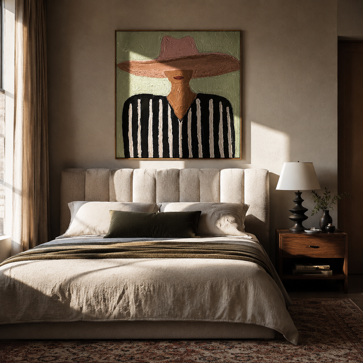 Blush Brim Crosses Black - black white striped figure painting by Elliot Vale, modern figurative square wall art - styled room scene view 5