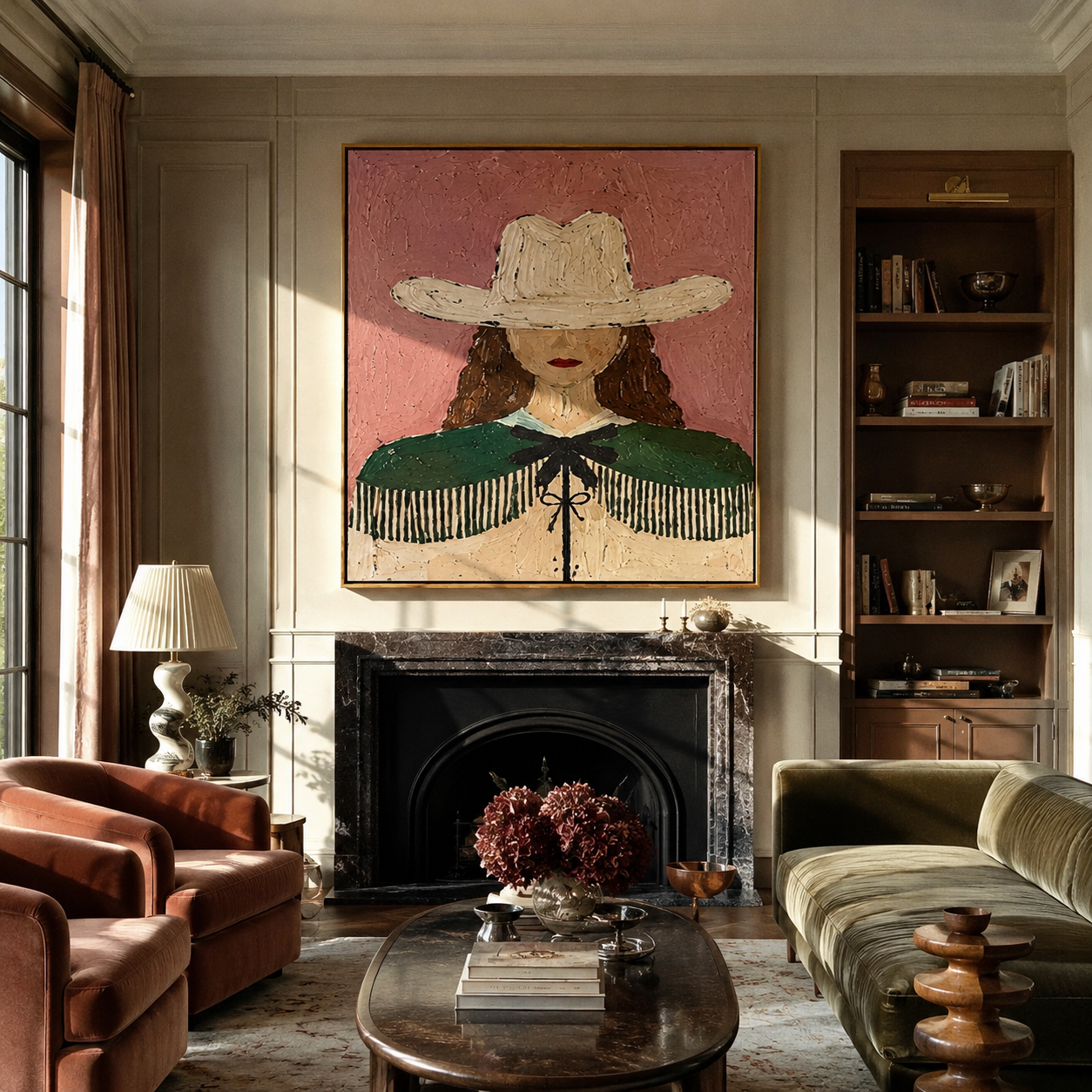 White Hat Guards Curls - green cape cowgirl painting by Elliot Vale, modern figurative square wall art - styled room scene view 1