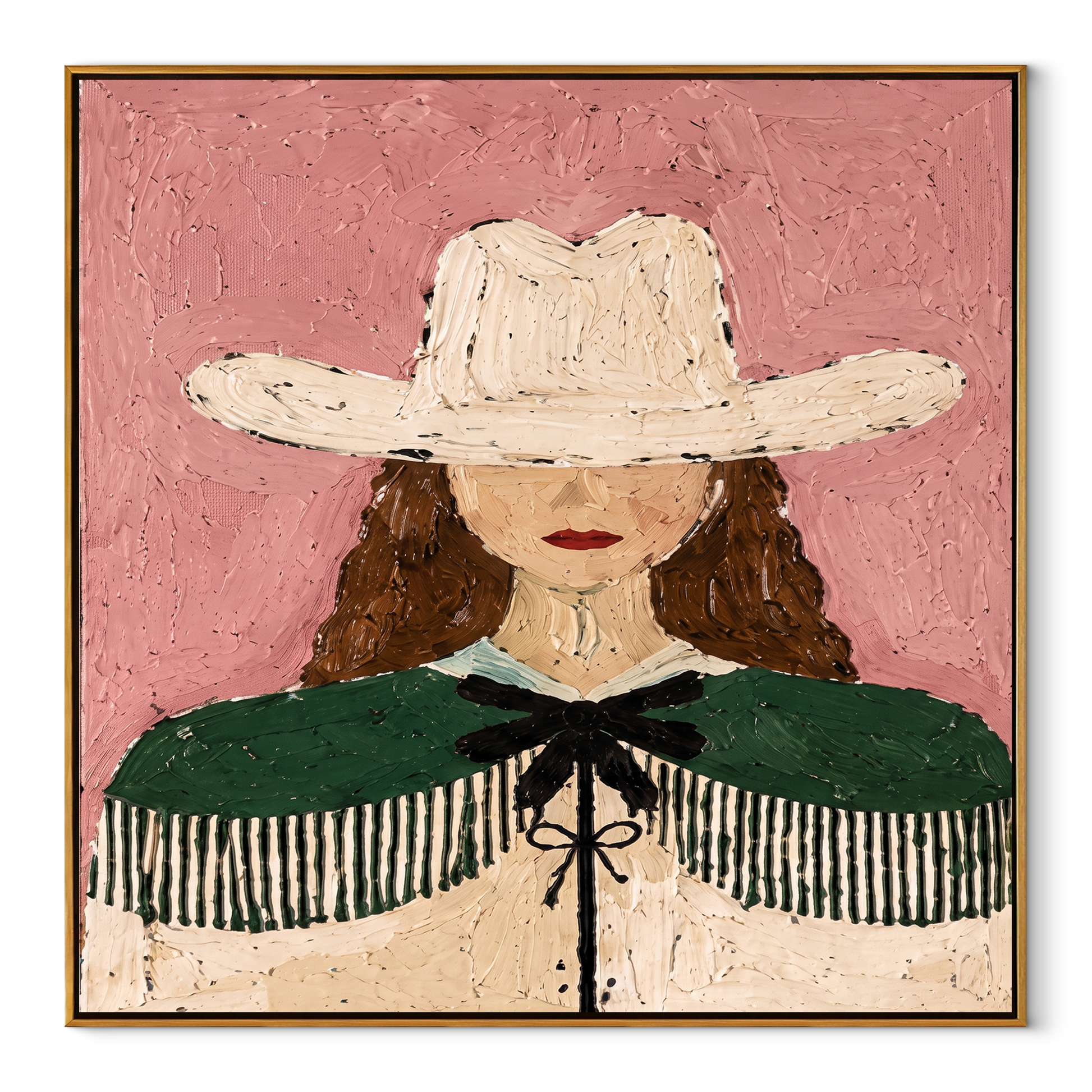 White Hat Guards Curls - green cape cowgirl painting by Elliot Vale, modern figurative square wall art - framed artwork on white background