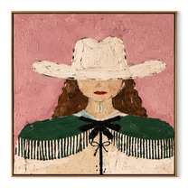 White Hat Guards Curls - green cape cowgirl painting by Elliot Vale, modern figurative square wall art - framed artwork on white background