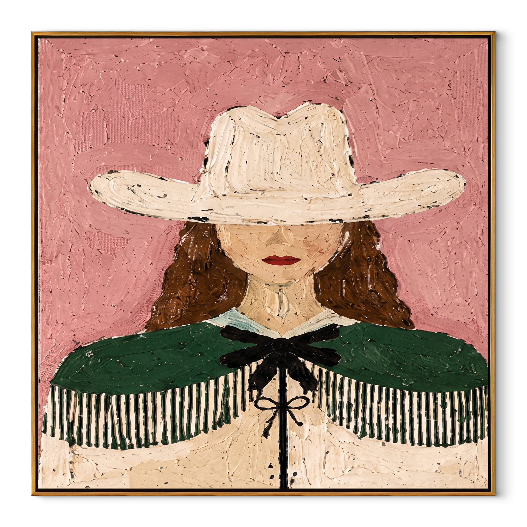 White Hat Guards Curls - green cape cowgirl painting by Elliot Vale, modern figurative square wall art - framed artwork on white background