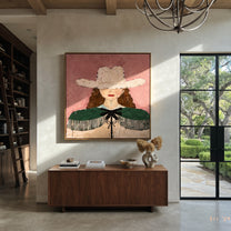 White Hat Guards Curls - green cape cowgirl painting by Elliot Vale, modern figurative square wall art - styled room scene view 2