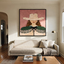 White Hat Guards Curls - green cape cowgirl painting by Elliot Vale, modern figurative square wall art - styled room scene view 3