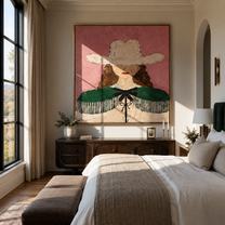 White Hat Guards Curls - green cape cowgirl painting by Elliot Vale, modern figurative square wall art - styled room scene view 4