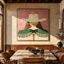 White Hat Guards Curls - green cape cowgirl painting by Elliot Vale, modern figurative square wall art - styled room scene view 5