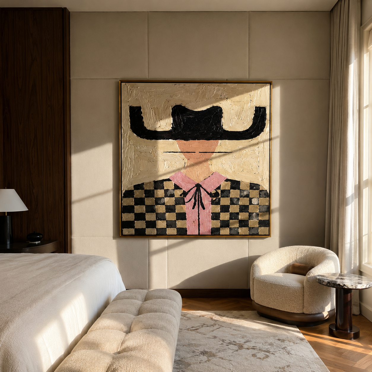 Checkered Fields Hold Pink - checkered cowgirl portrait painting by Elliot Vale, modern figurative square wall art - styled room scene view 1