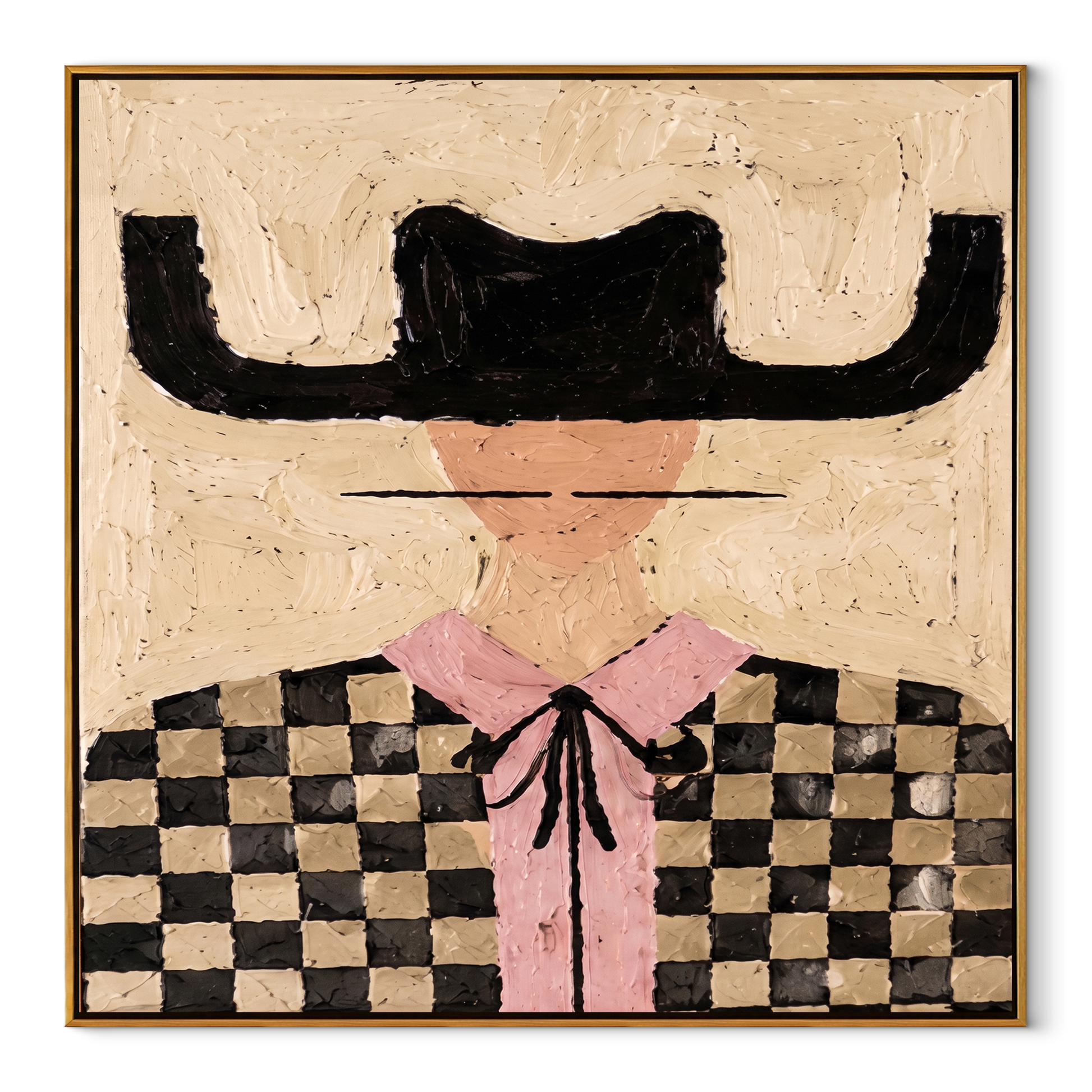 Checkered Fields Hold Pink - checkered cowgirl portrait painting by Elliot Vale, modern figurative square wall art - framed artwork on white background