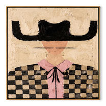 Checkered Fields Hold Pink - checkered cowgirl portrait painting by Elliot Vale, modern figurative square wall art - framed artwork on white background