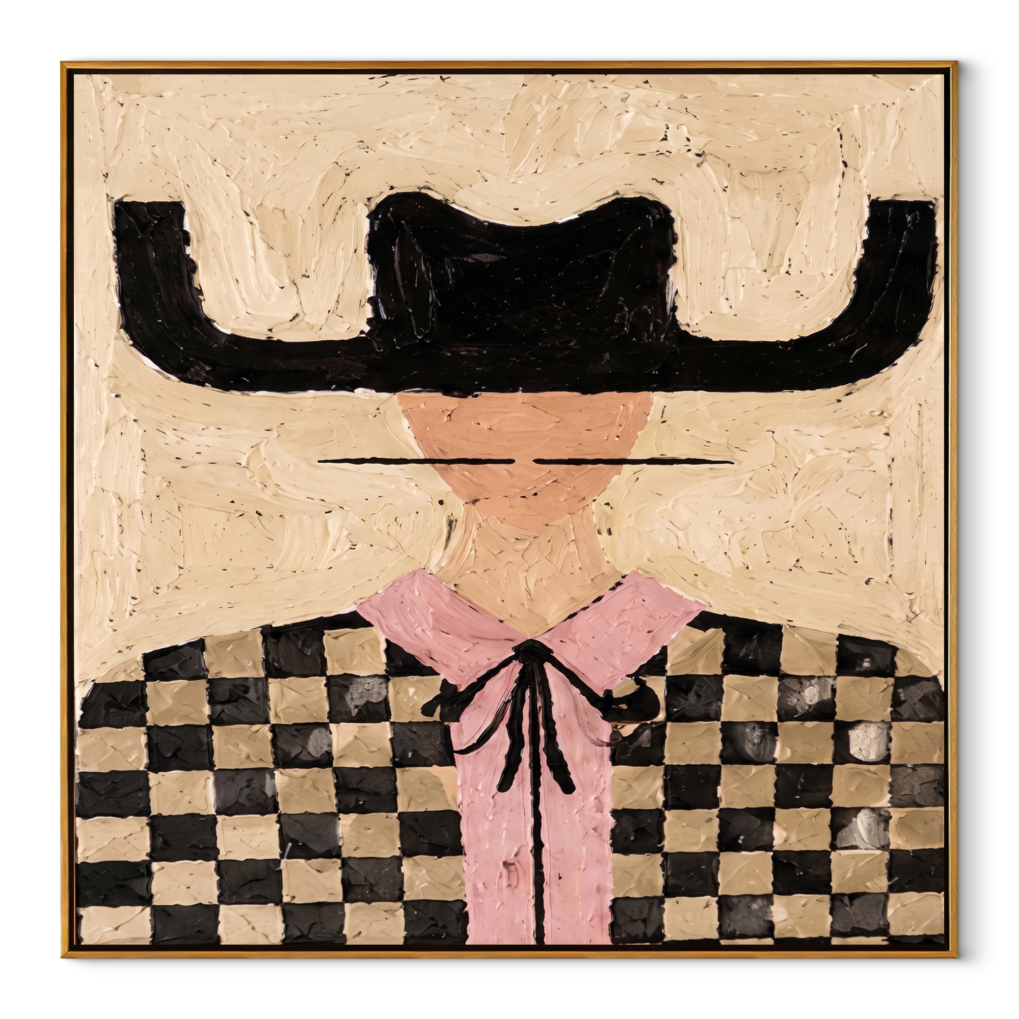 Checkered Fields Hold Pink - checkered cowgirl portrait painting by Elliot Vale, modern figurative square wall art - framed artwork on white background