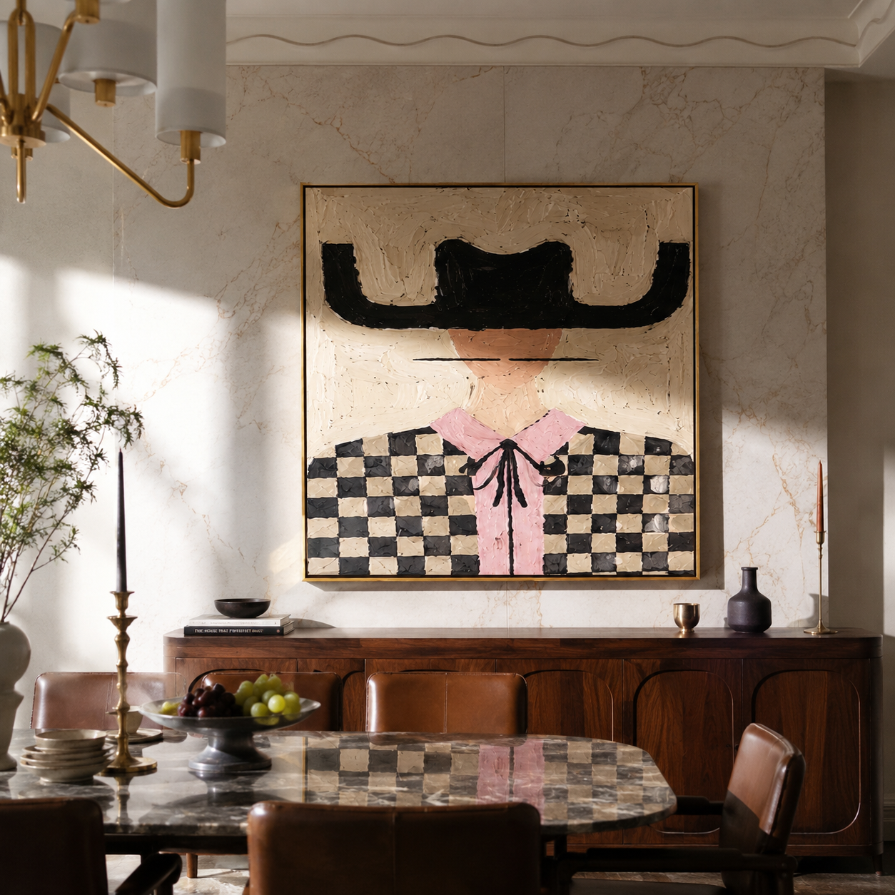 Checkered Fields Hold Pink - checkered cowgirl portrait painting by Elliot Vale, modern figurative square wall art - styled room scene view 2