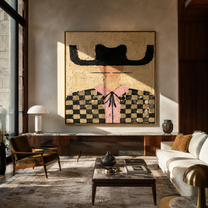 Checkered Fields Hold Pink - checkered cowgirl portrait painting by Elliot Vale, modern figurative square wall art - styled room scene view 3