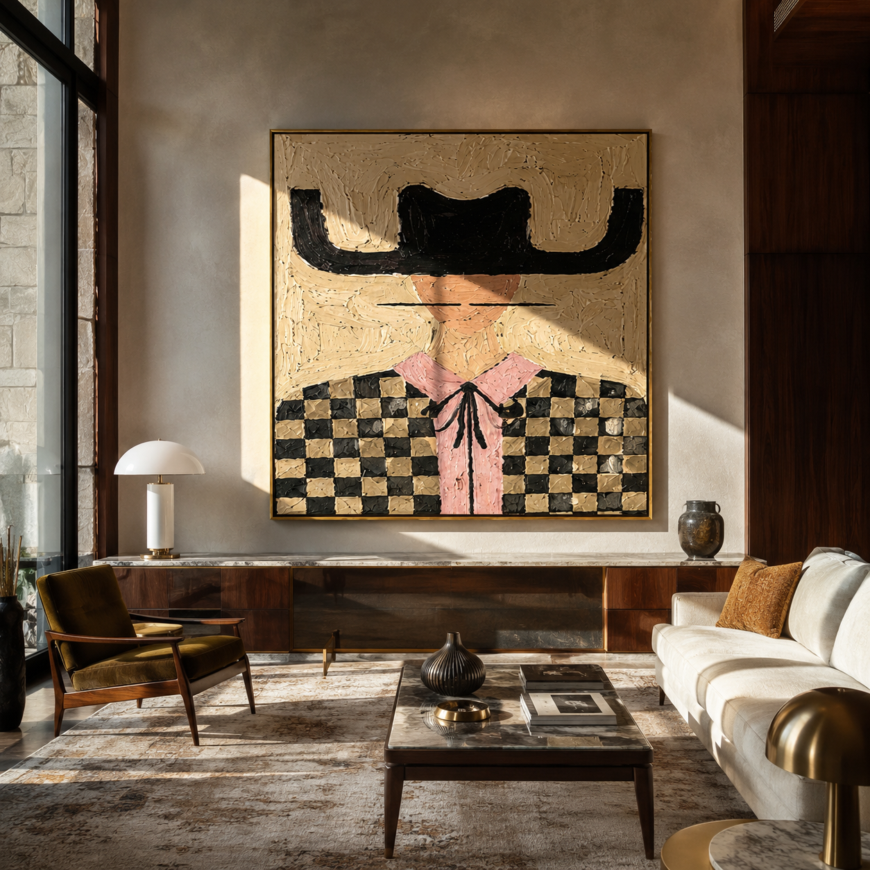 Checkered Fields Hold Pink - checkered cowgirl portrait painting by Elliot Vale, modern figurative square wall art - styled room scene view 3