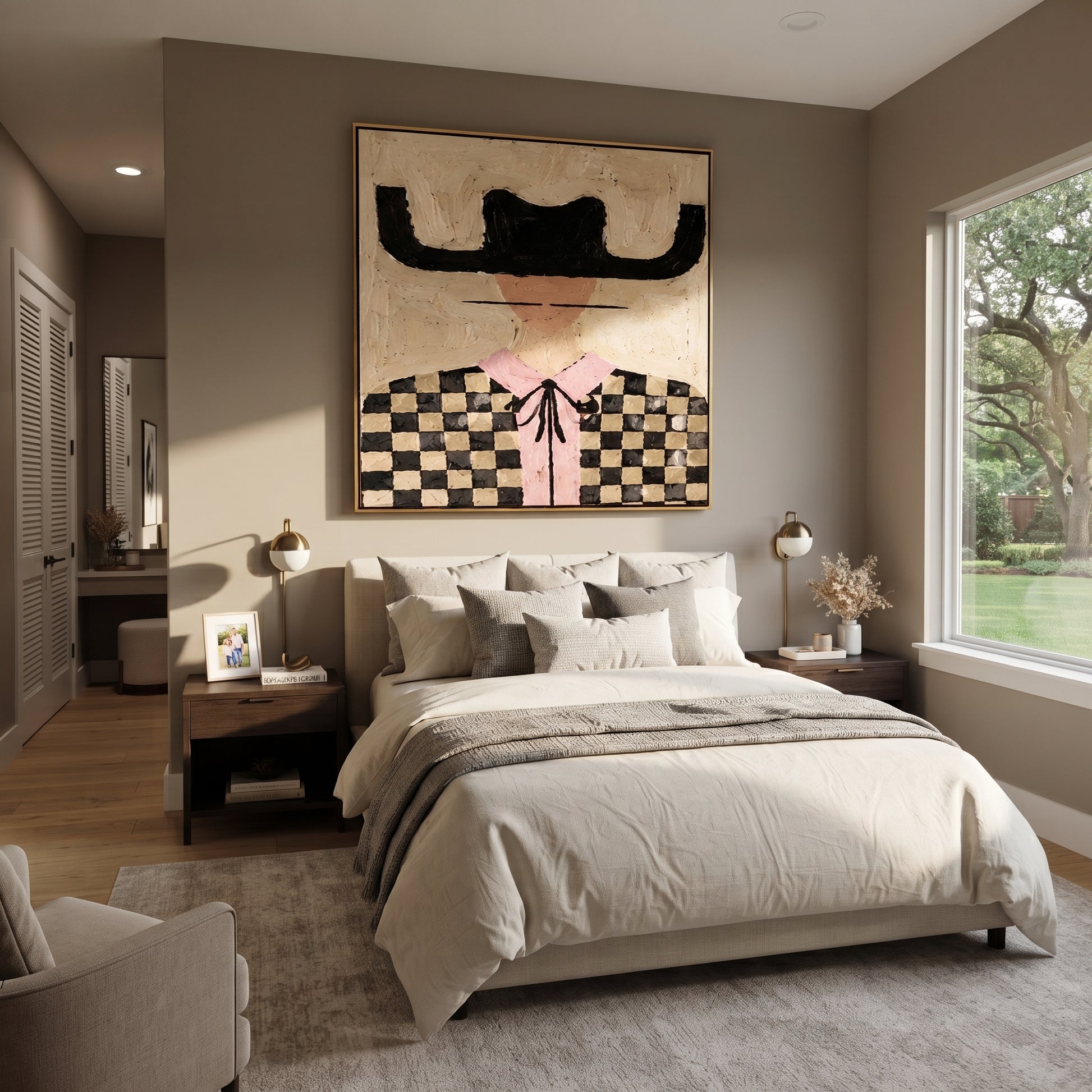 Checkered Fields Hold Pink - checkered cowgirl portrait painting by Elliot Vale, modern figurative square wall art - styled room scene view 4
