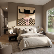 Checkered Fields Hold Pink - checkered cowgirl portrait painting by Elliot Vale, modern figurative square wall art - styled room scene view 4