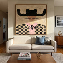 Checkered Fields Hold Pink - checkered cowgirl portrait painting by Elliot Vale, modern figurative square wall art - styled room scene view 5