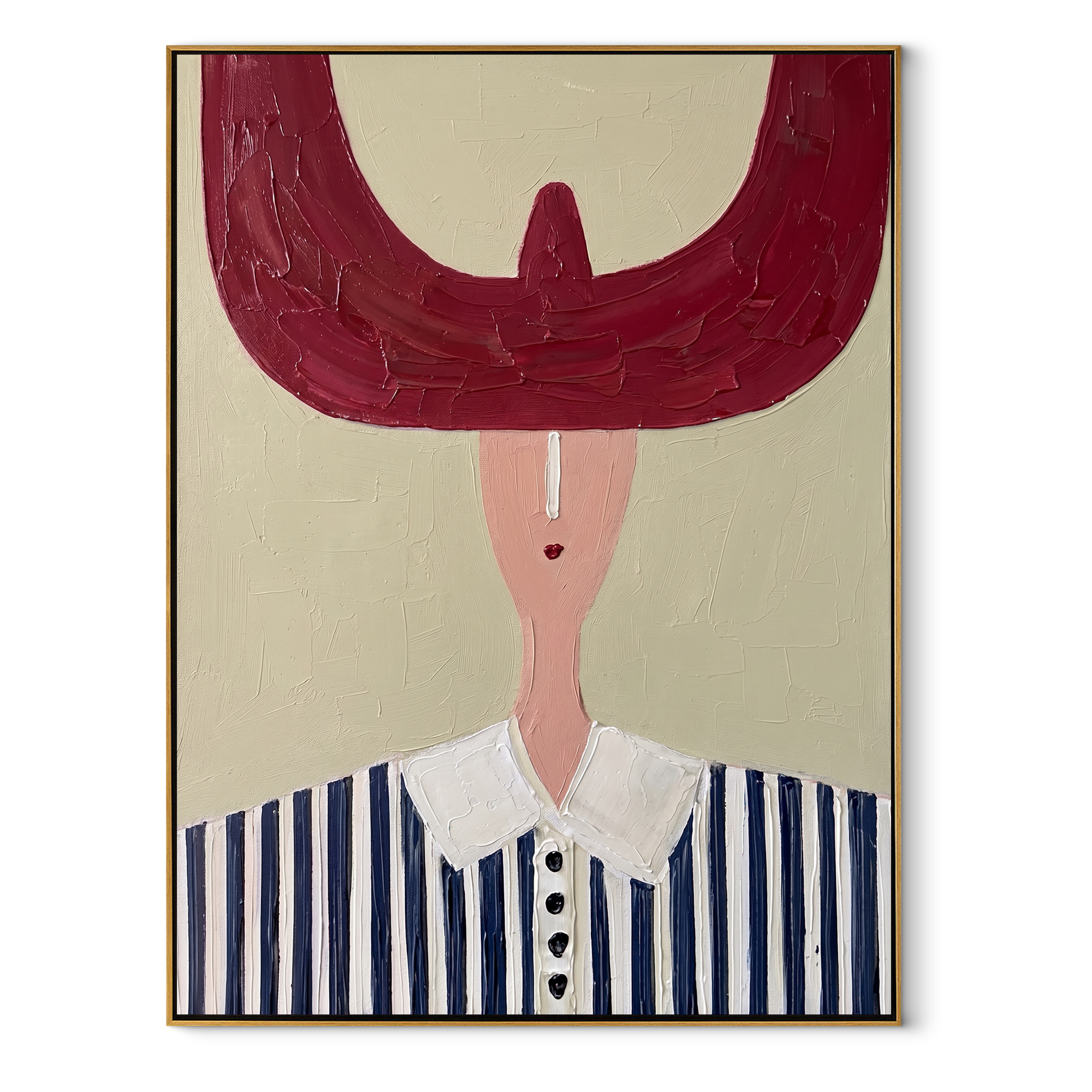 Burgundy Crescent Crowns Blue - blue striped western portrait painting by Elliot Vale, modern figurative vertical wall art - framed artwork on white background