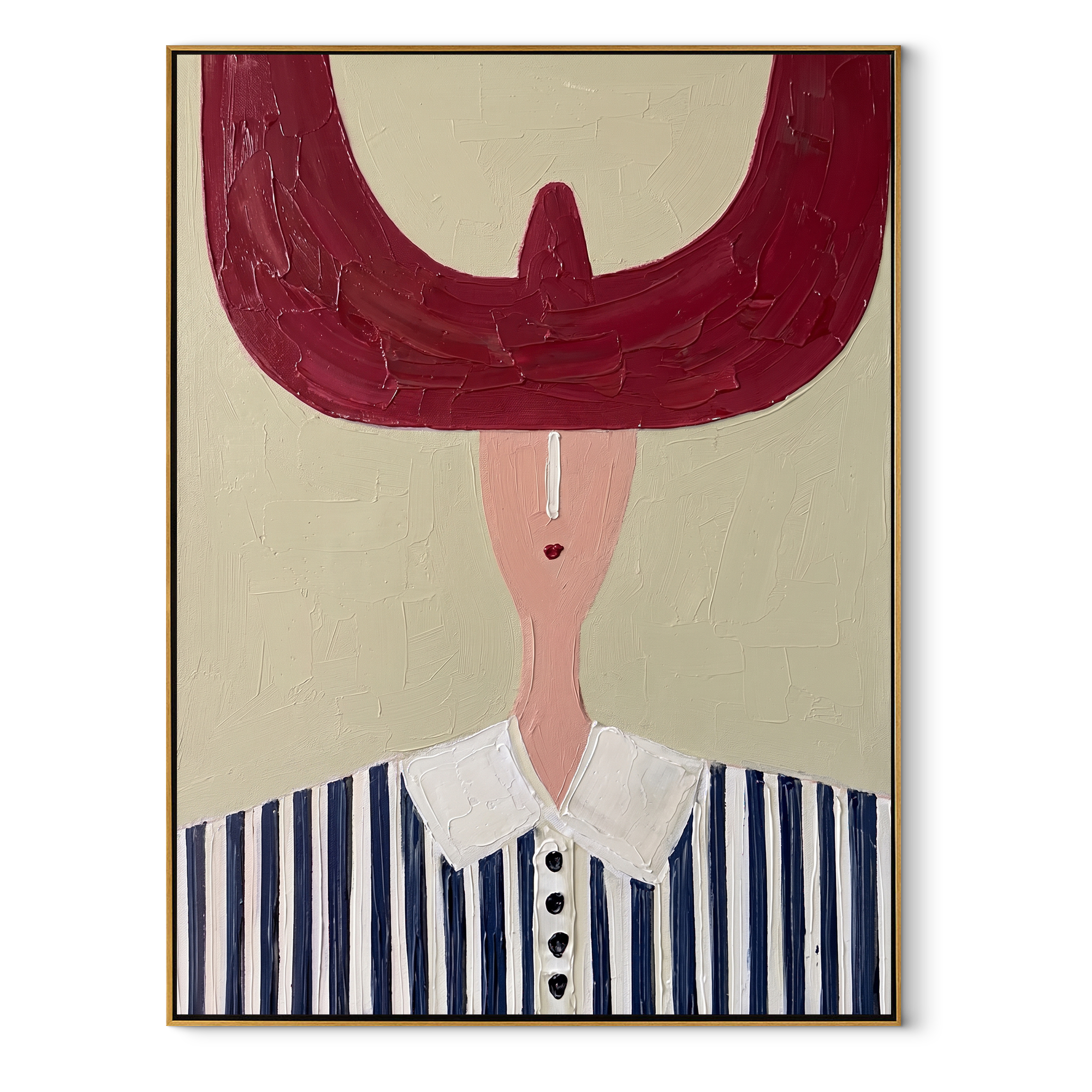 Burgundy Crescent Crowns Blue - blue striped western portrait painting by Elliot Vale, modern figurative vertical wall art - framed artwork on white background