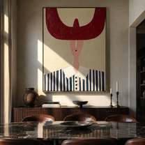 Burgundy Crescent Crowns Blue - blue striped western portrait painting by Elliot Vale, modern figurative vertical wall art - styled room scene view 2