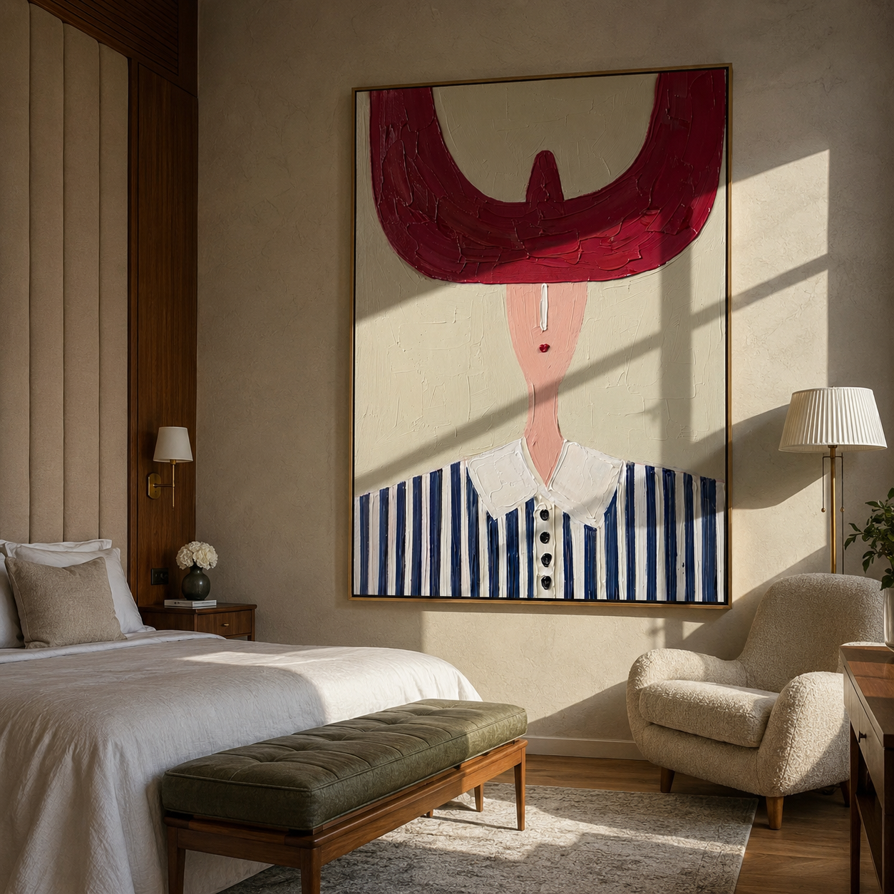 Burgundy Crescent Crowns Blue - blue striped western portrait painting by Elliot Vale, modern figurative vertical wall art - styled room scene view 3