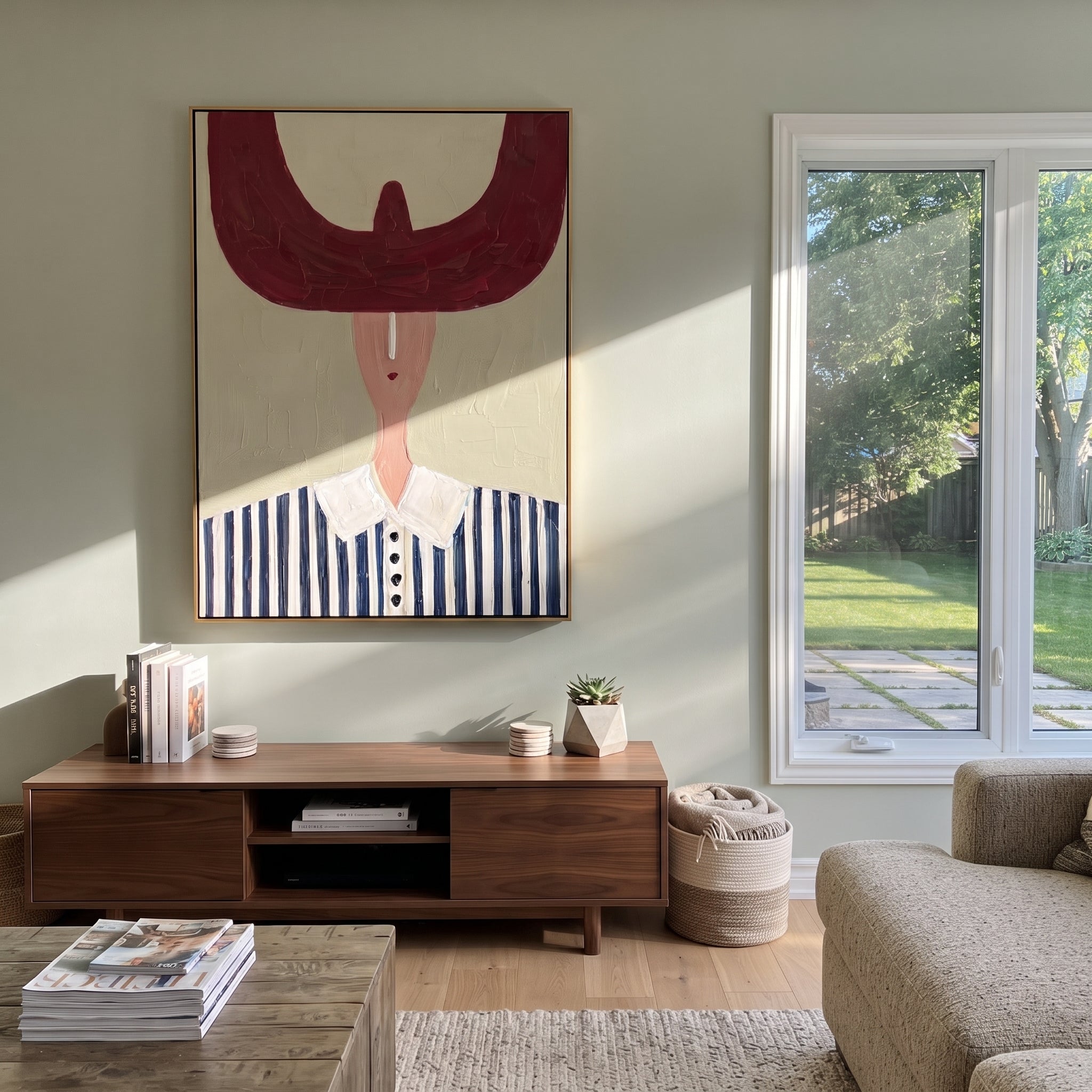 Burgundy Crescent Crowns Blue - blue striped western portrait painting by Elliot Vale, modern figurative vertical wall art - styled room scene view 5
