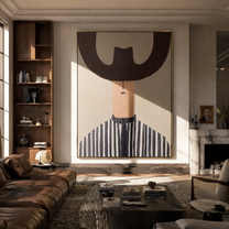 Brown Crescent Shades Stripes - blue striped hat portrait painting by Elliot Vale, modern figurative vertical wall art - styled room scene view 1