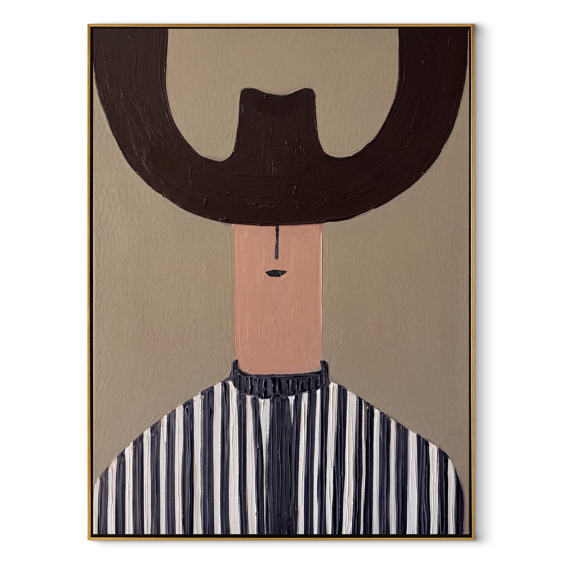 Brown Crescent Shades Stripes - blue striped hat portrait painting by Elliot Vale, modern figurative vertical wall art - framed artwork on white background