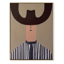 Brown Crescent Shades Stripes - blue striped hat portrait painting by Elliot Vale, modern figurative vertical wall art - framed artwork on white background