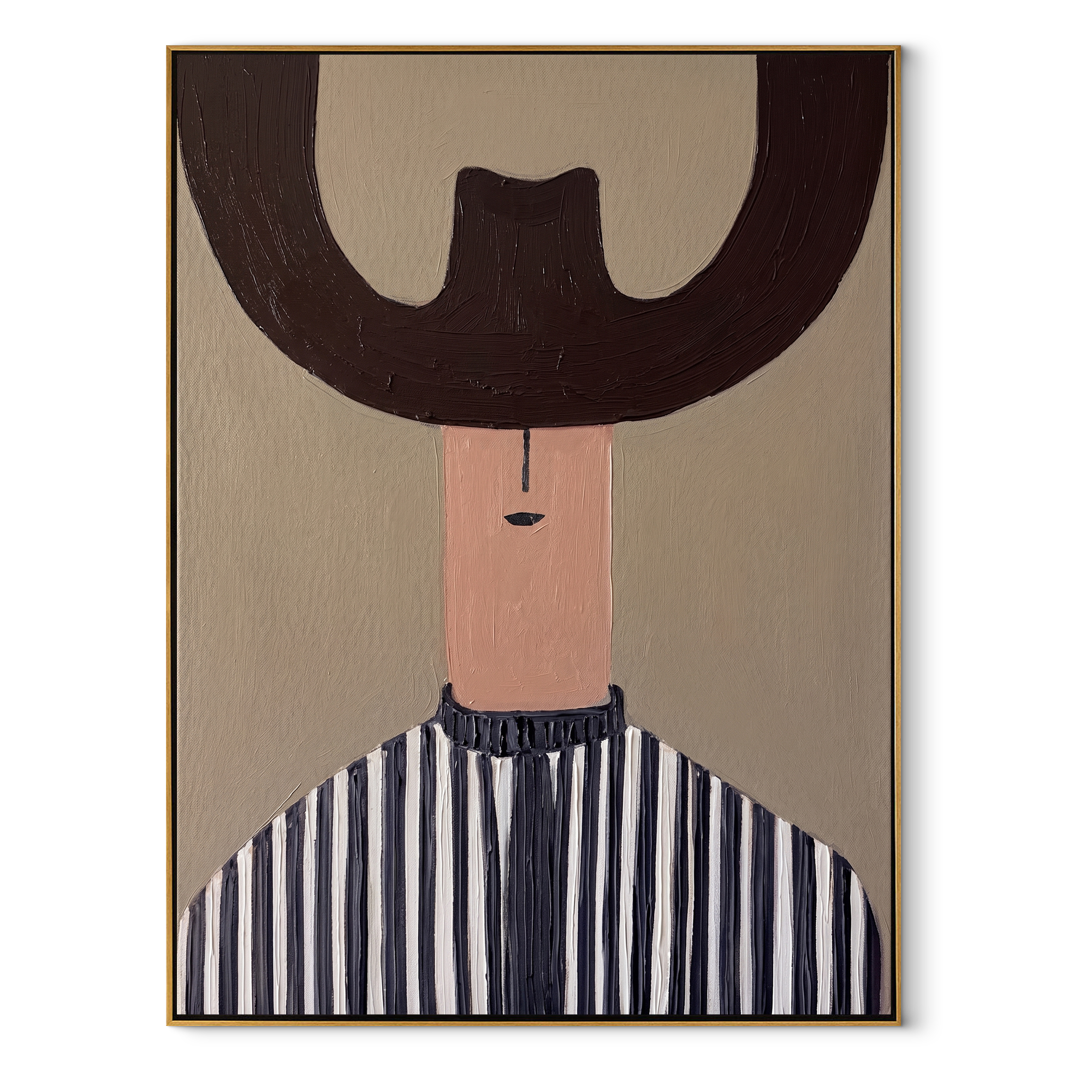 Brown Crescent Shades Stripes - blue striped hat portrait painting by Elliot Vale, modern figurative vertical wall art - framed artwork on white background