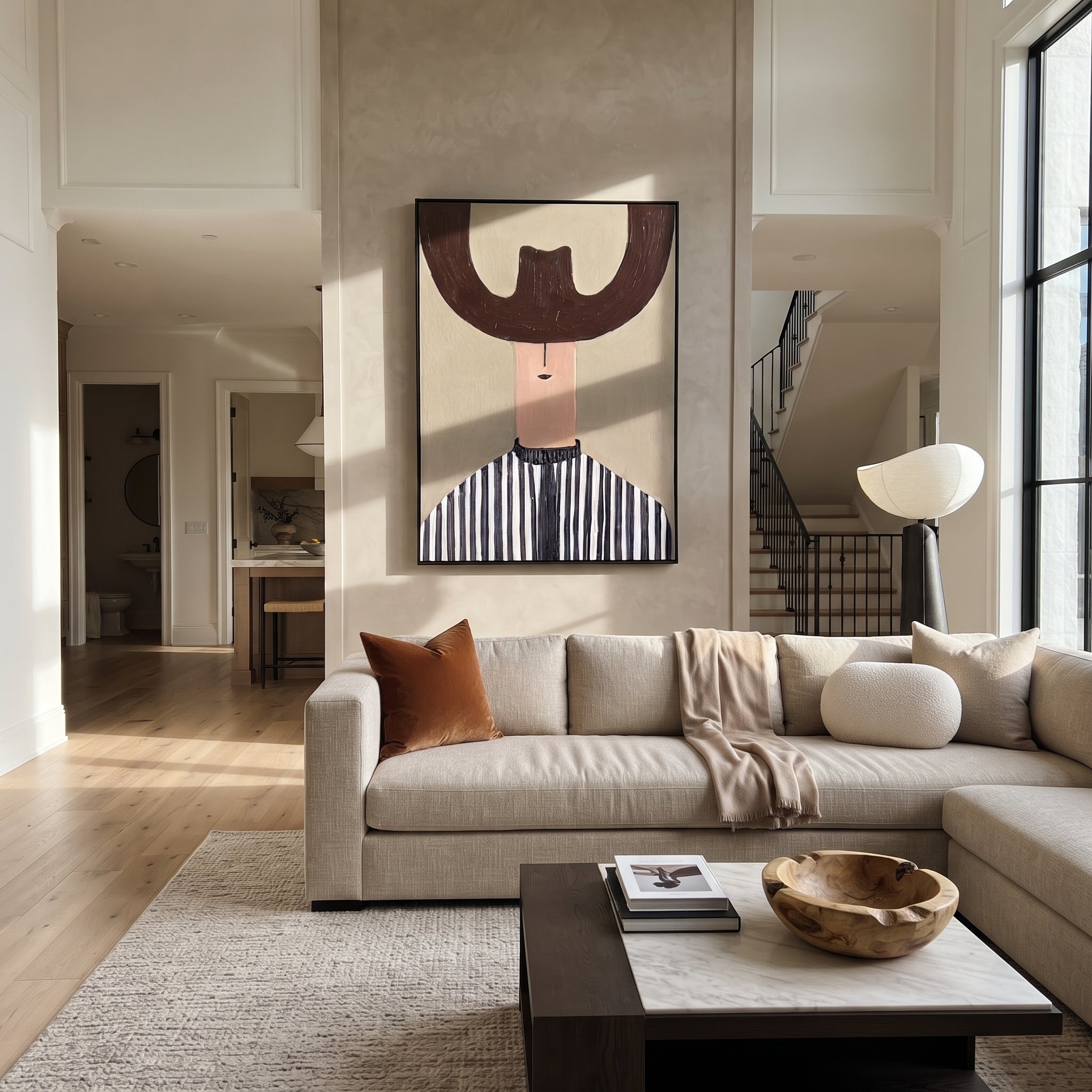 Brown Crescent Shades Stripes - blue striped hat portrait painting by Elliot Vale, modern figurative vertical wall art - styled room scene view 3